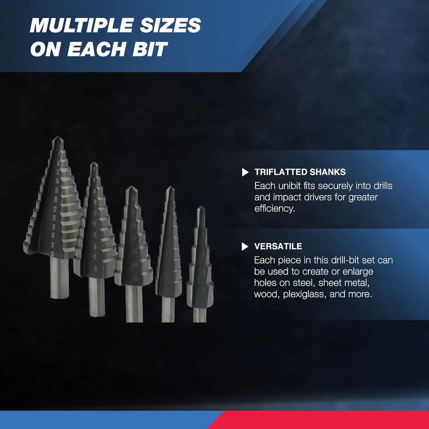 10198A Step Drill Bit Set | 5 Piece, 4Mm- 35Mm | Metric Titanium High Speed Steel Unibit, Stepper Cone Drill Bit | Two Flute Step down Bits, 135 Degree Point