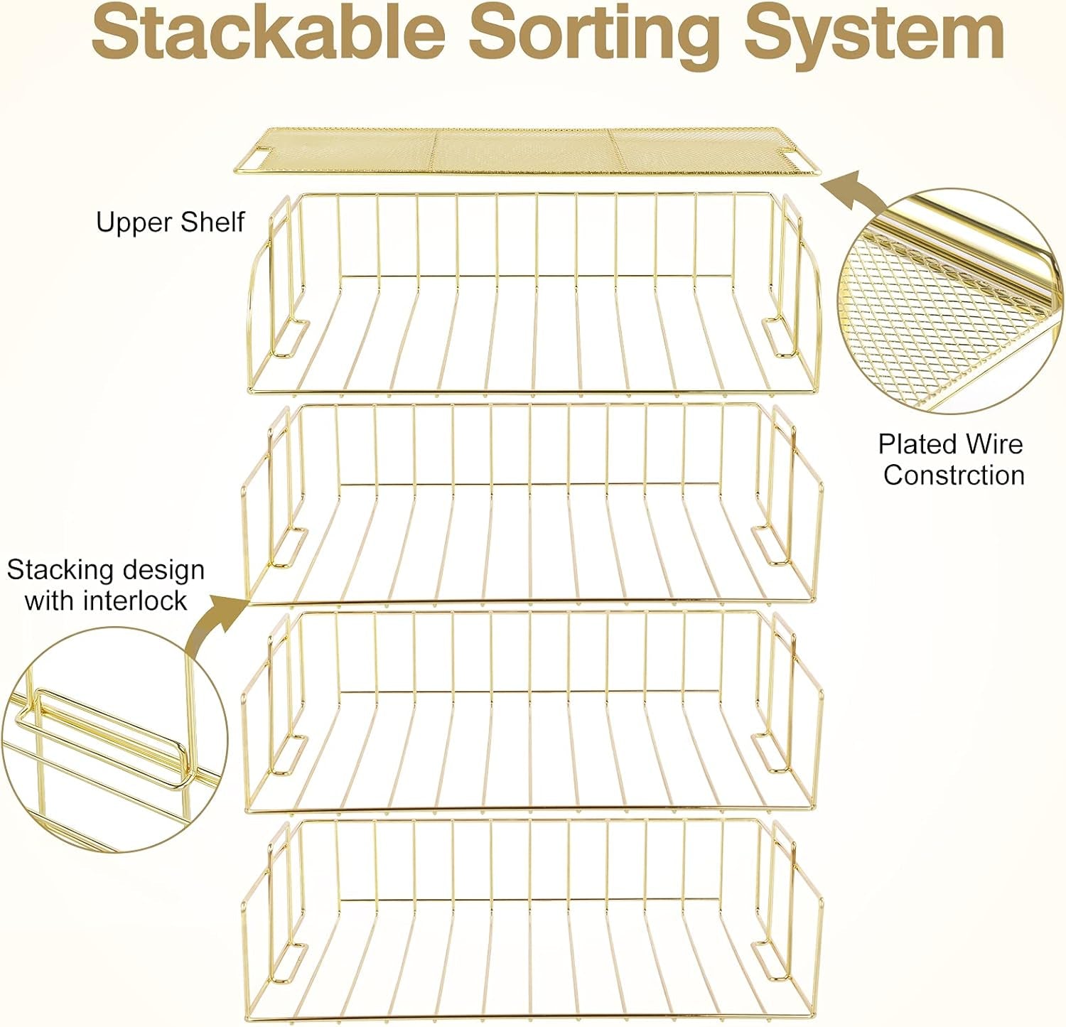 TNELTUEB Gold Paper Organizer for Desk with Pen Holder, 4 Tier Desk Organizers for Home and Office Stackable Letter Tray(Gold)