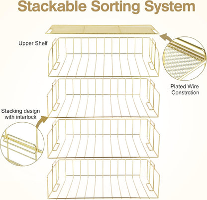 TNELTUEB Gold Paper Organizer for Desk with Pen Holder, 4 Tier Desk Organizers for Home and Office Stackable Letter Tray(Gold)