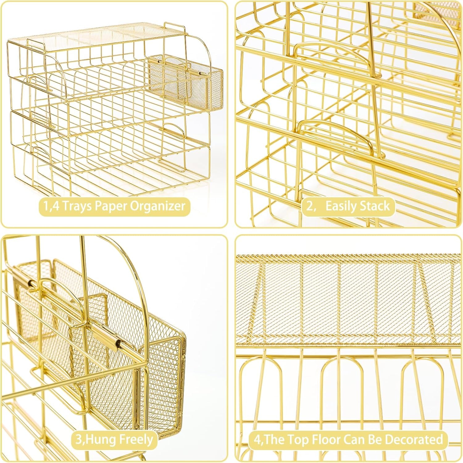 TNELTUEB Gold Paper Organizer for Desk with Pen Holder, 4 Tier Desk Organizers for Home and Office Stackable Letter Tray(Gold)