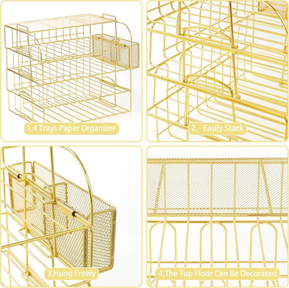 TNELTUEB Gold Paper Organizer for Desk with Pen Holder, 4 Tier Desk Organizers for Home and Office Stackable Letter Tray(Gold)