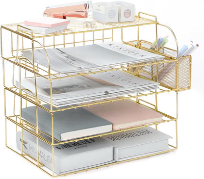TNELTUEB Gold Paper Organizer for Desk with Pen Holder, 4 Tier Desk Organizers for Home and Office Stackable Letter Tray(Gold)